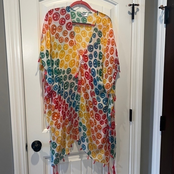 Katydid Tops - Cute smiley face rainbow lightweight poncho coverup one size boho hippie